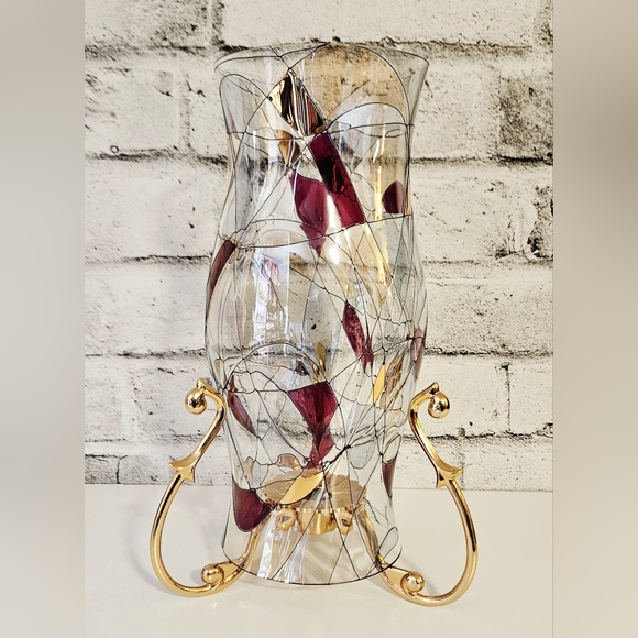 PartyLite Gold Hurricane Candle Holder & Art Glass Shade Abstract Swirl - Picture 5 of 13